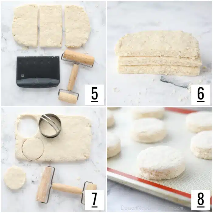 Steps to roll and cut biscuits.