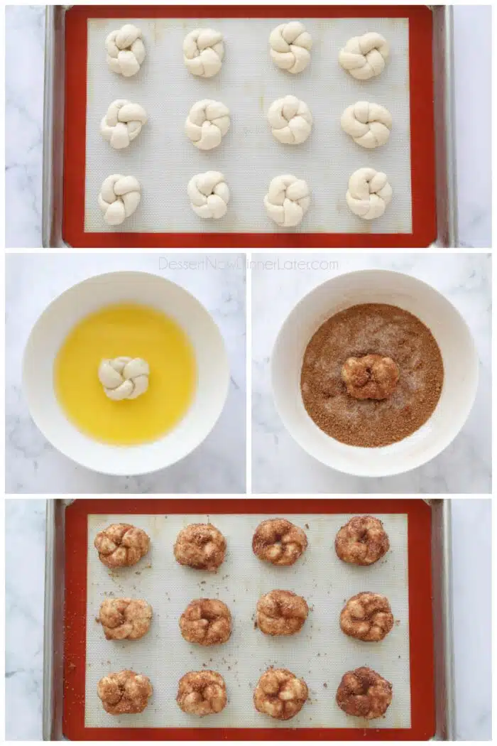 Steps to coat cinnamon knots with butter and cinnamon-sugar.
