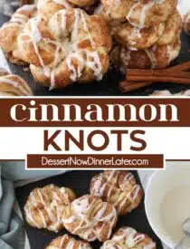 Pinterest collage of Cinnamon Knots with two images and text in the center.