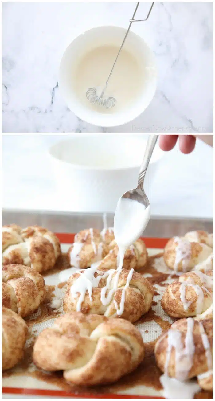 Collage. Top: Bowl of icing. Bottom: Spoonful of icing being drizzled over baked cinnamon knots.