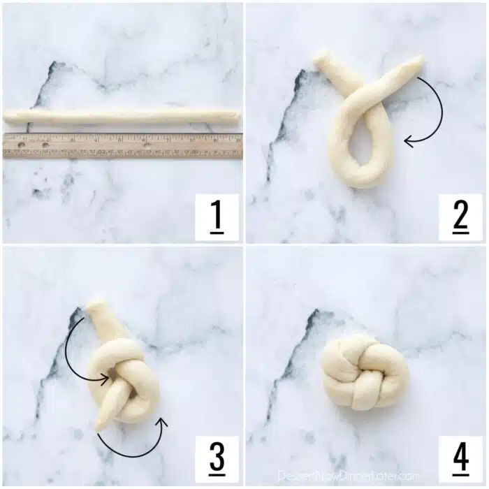 Steps to shape dough for cinnamon knots.