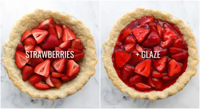 Filling a baked pie crust with strawberries and glaze.