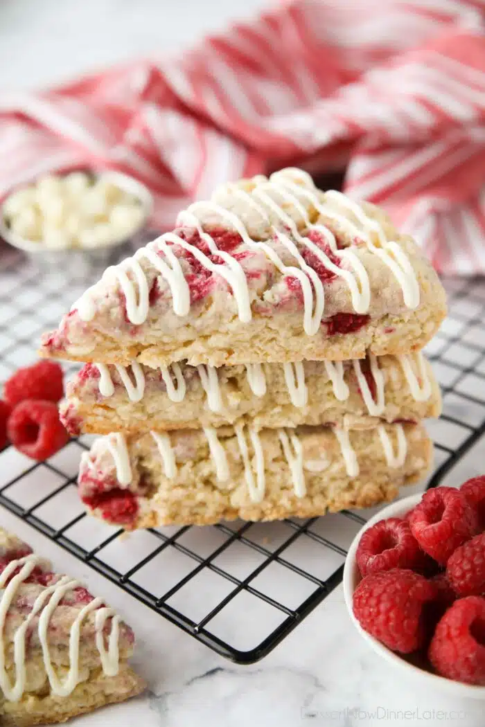 A stack of white chocolate raspberry scones.