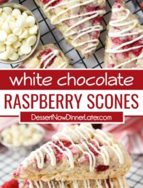 Pinterest collage of White Chocolate Raspberry Scones with two images and text in the center.
