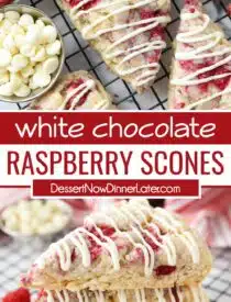 Pinterest collage of White Chocolate Raspberry Scones with two images and text in the center.