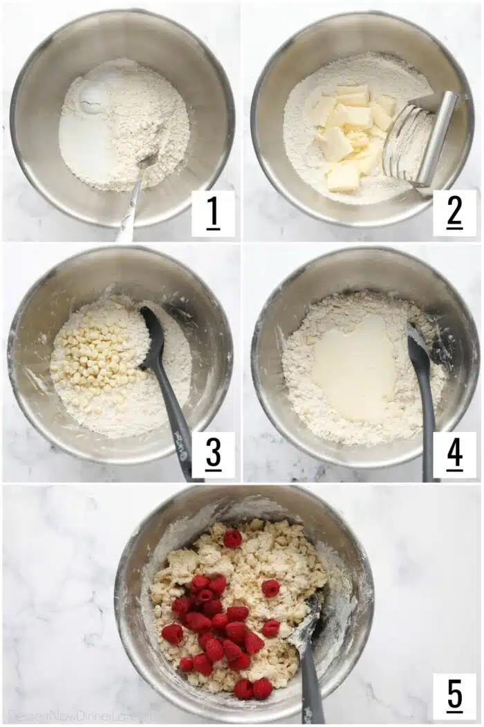 Steps to make raspberry scones with white chocolate chips.