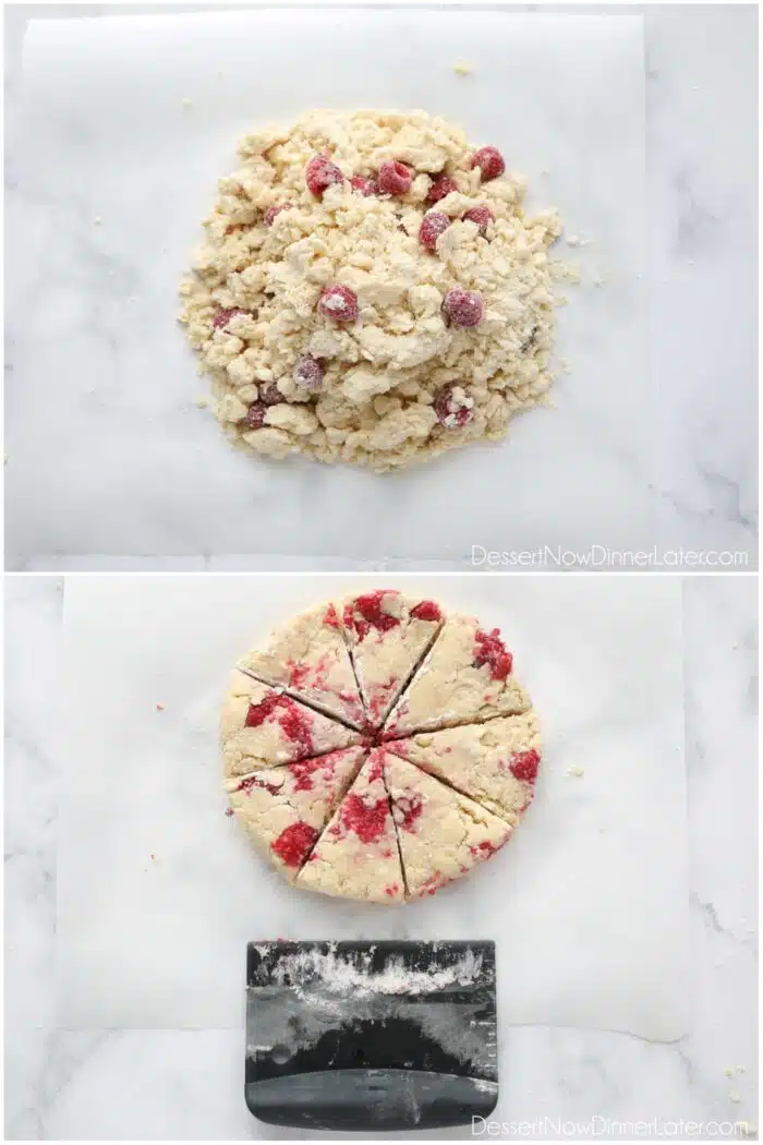 Shaping and cutting raspberry scones with white chocolate chips.