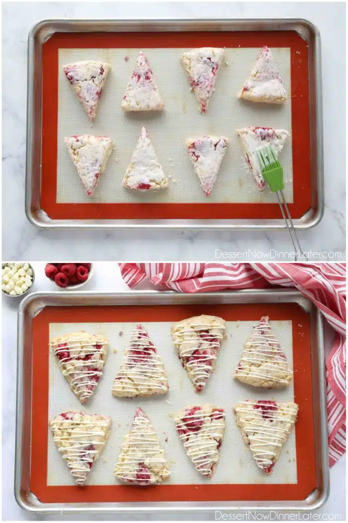 Two images. Brushing heavy cream on top of the raspberry scones. And baked scones with white chocolate drizzled on top.