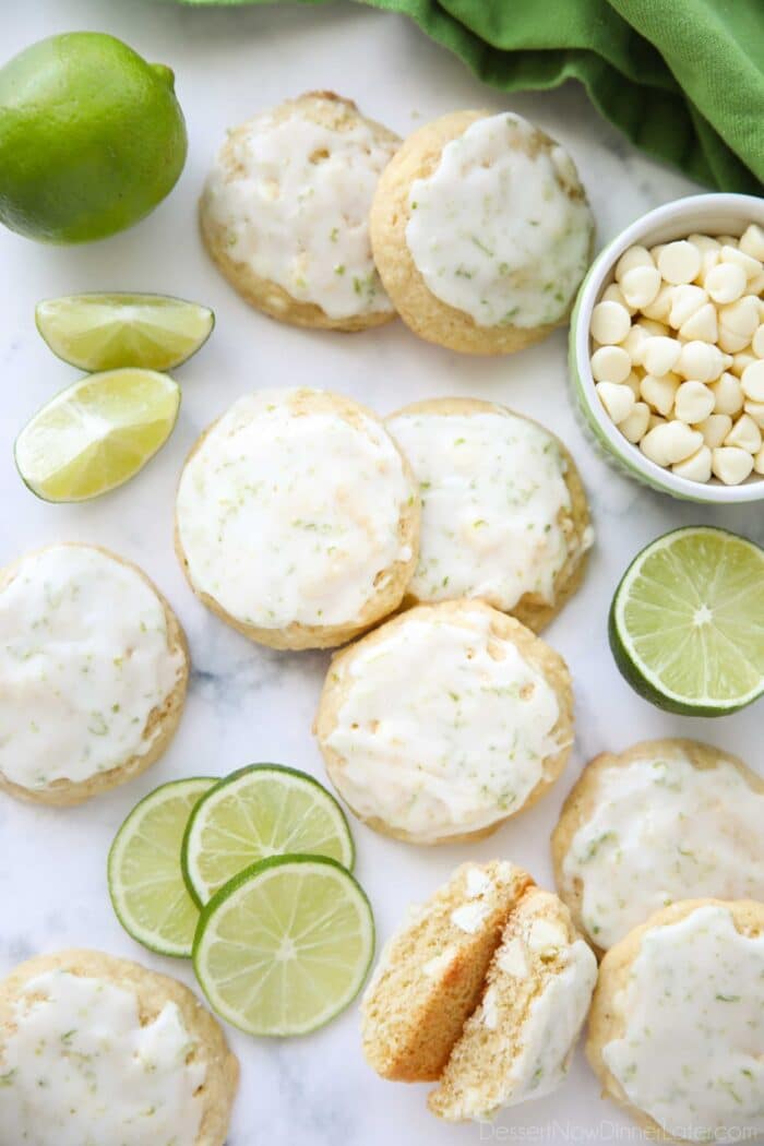 Key Lime Cookies with white chocolate chips topped with a lime glaze.