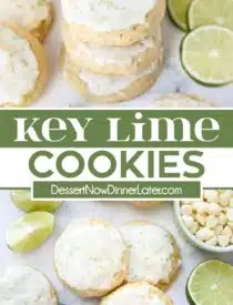 Pinterest collage of Key Lime Cookies with two images and text in the center.