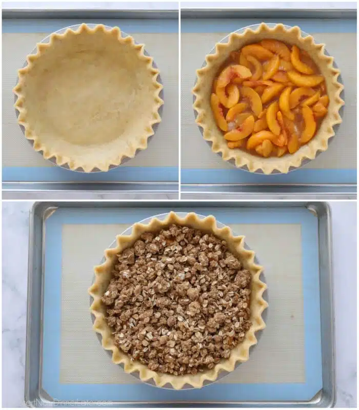 Steps to assemble peach crumb pie with a bottom pie crust, peach pie filling, and crumb streusel topping.