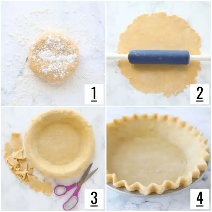 Steps to roll pie crust, fit it to the pan, and crimp the edges.
