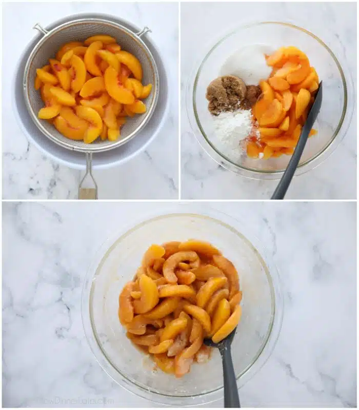 Steps to make peach pie filling with frozen peaches.