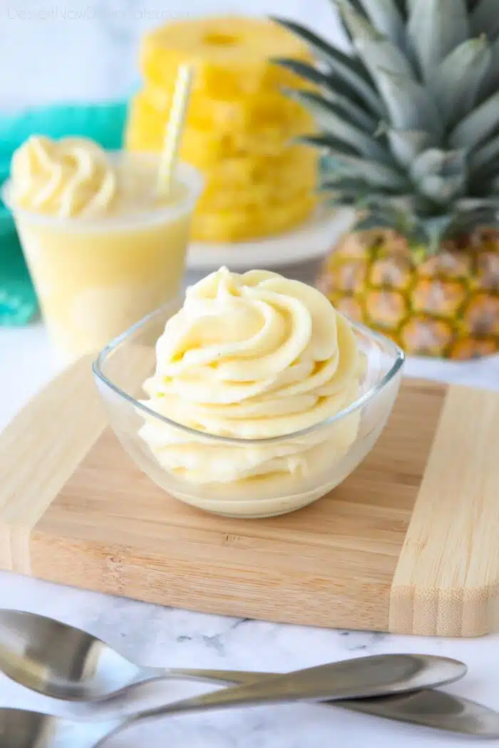 Pineapple Whip swirled in a small dish.