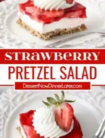 Pinterest collage of Strawberry Pretzel Salad with two images and text in the center.