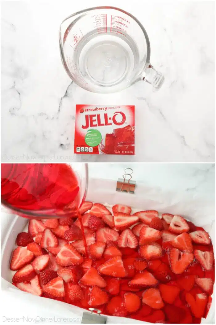 Making the strawberry filled jello.
