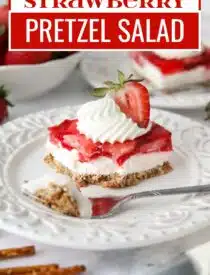 Labeled image of Strawberry Pretzel Salad for Pinterest.