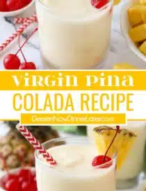 Pinterest collage of a Virgin Pina Colada Recipe with two images and text in the center.