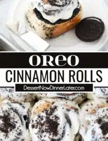 Pinterest collage of Oreo Cinnamon Rolls with two images and text in the center.