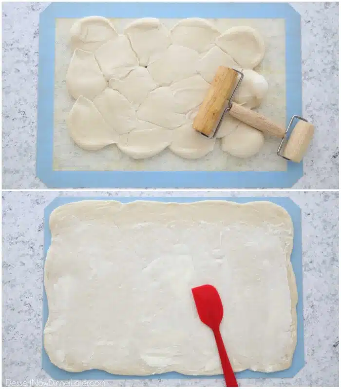 Top: Rolling Rhodes rolls together with rolling pin. Bottom: Spreading butter over dough.