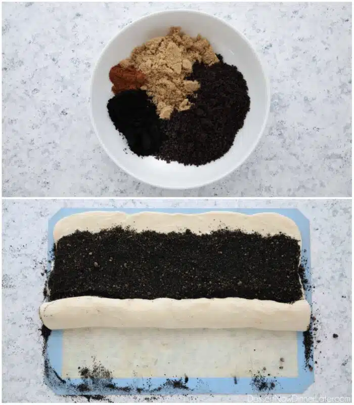 Top: Oreo cinnamon roll filling ingredients in bowl. Bottom: Filling being rolled up inside dough.