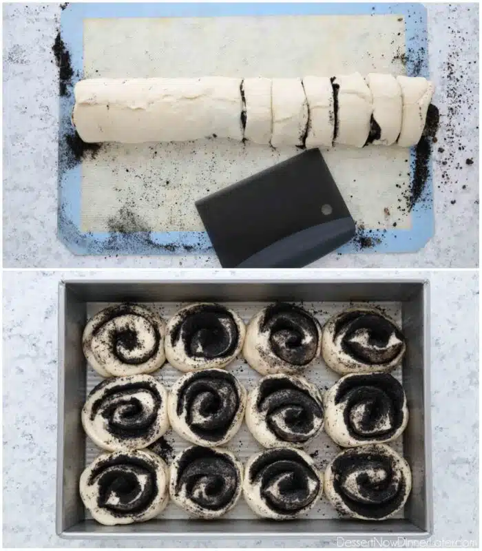 Top: Cutting dough. Bottom: Cut Oreo Cinnamon Rolls in a baking pan.