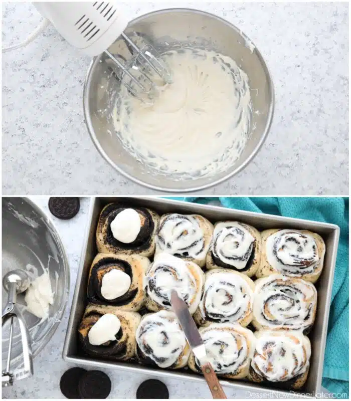Top: Cream cheese frosting made with a hand mixer. Bottom: Frosting spread over Oreo Cinnamon Rolls.