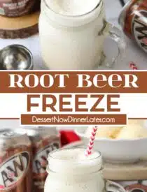 Pinterest collage of Root Beer Freeze with two images and text in the center.