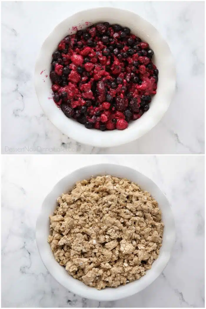 Making a berry crisp recipe with frozen berries and a crumb topping.
