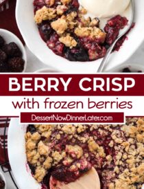 Pinterest collage of Berry Crisp with two images and text in the center.
