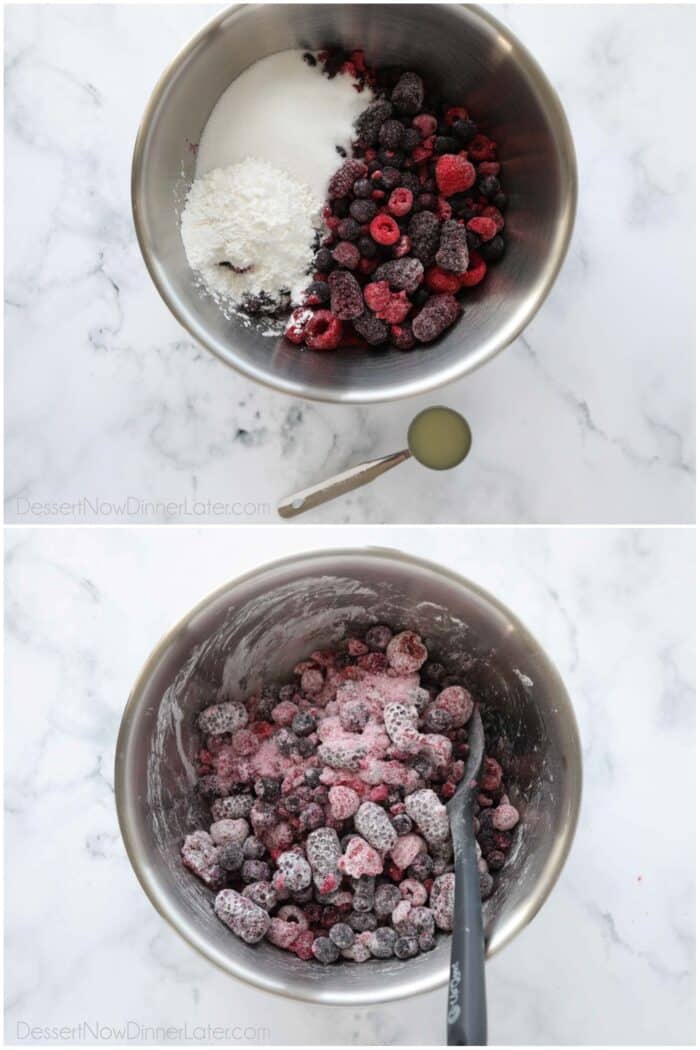 Making berry filling with frozen berries.