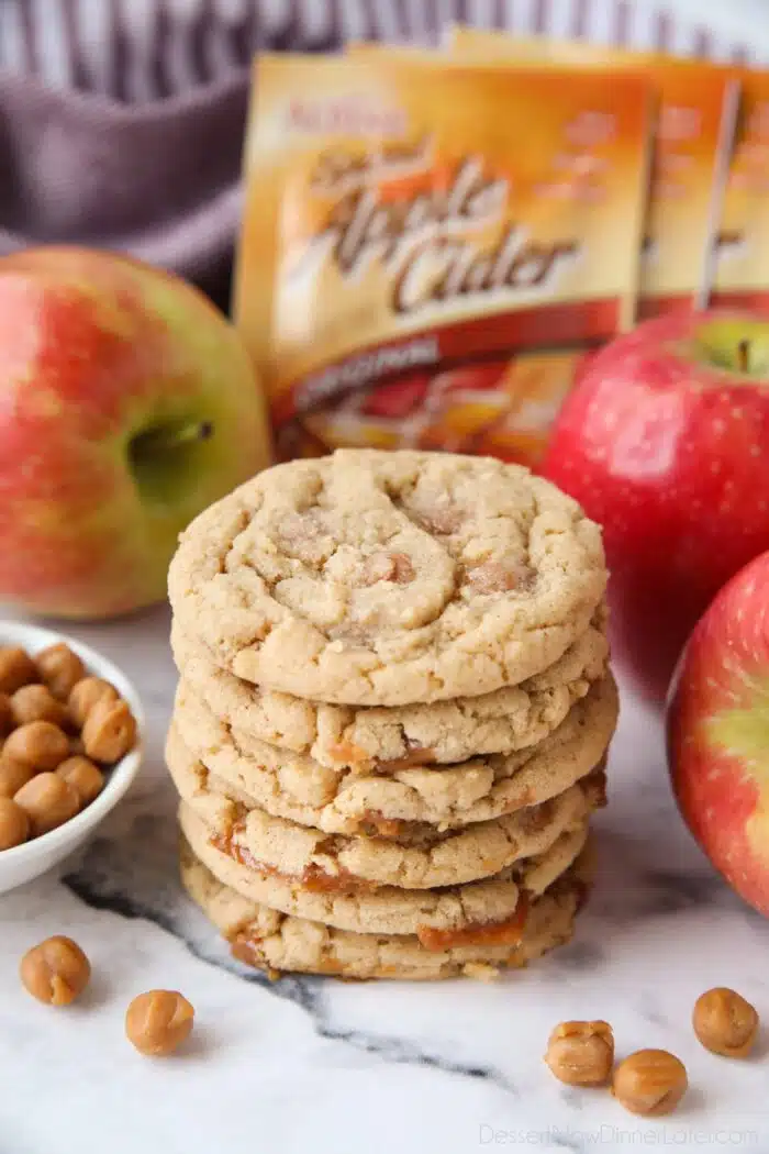 Stack of apple cider cookies with caramel bits.