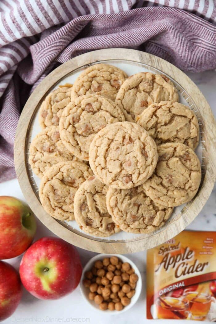 Caramel apple cider cookies made with apple cider drink mix.