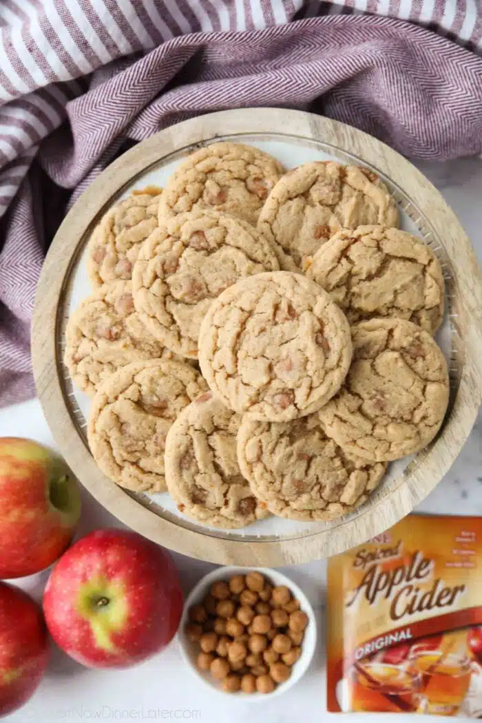 Caramel apple cider cookies made with apple cider drink mix.