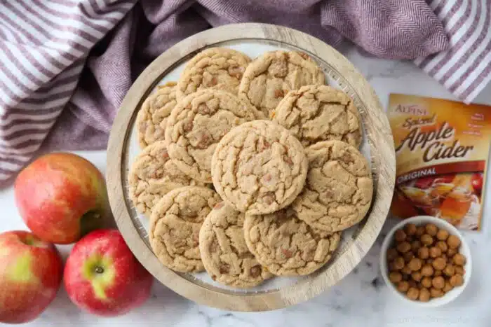 Caramel apple cider cookies made with apple cider mix.