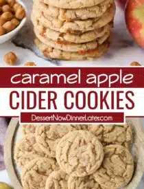 Pinterest collage of Caramel Apple Cider Cookies with two images and text in the center.