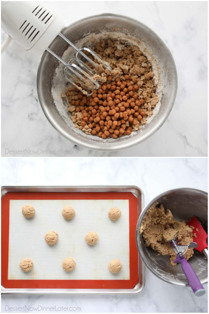 Adding caramel bits to apple cider cookie dough and scooping onto a tray.