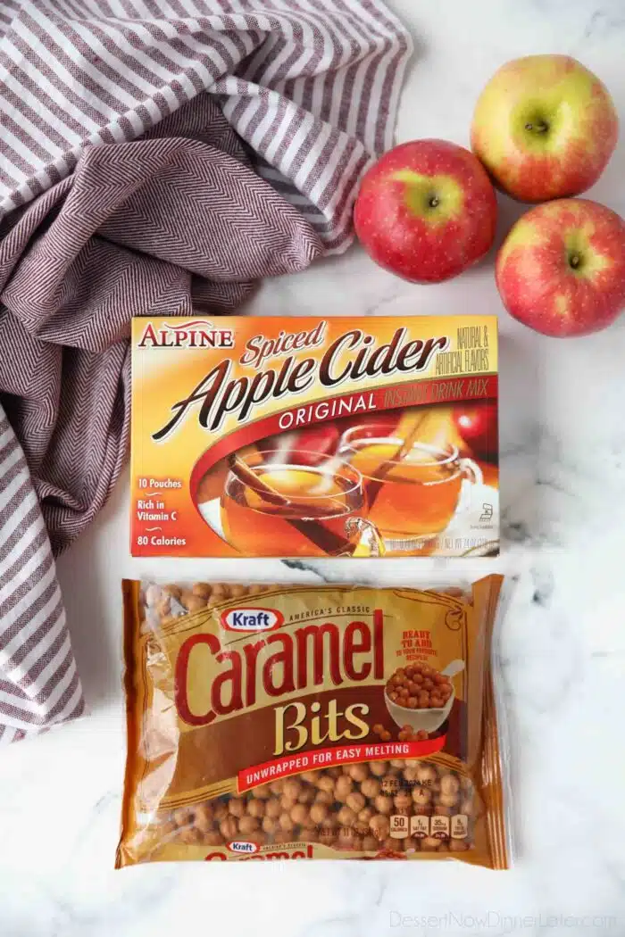 Apple cider drink mix and caramel bits.