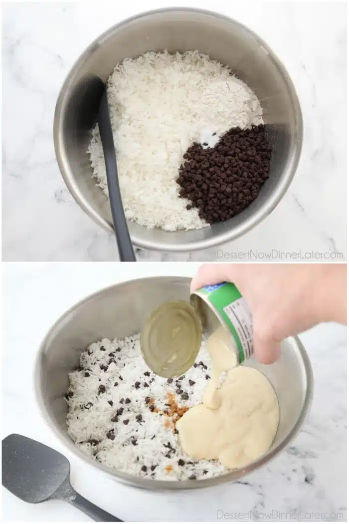 Ingredients for coconut macaroons with condensed milk and mini chocolate chips.