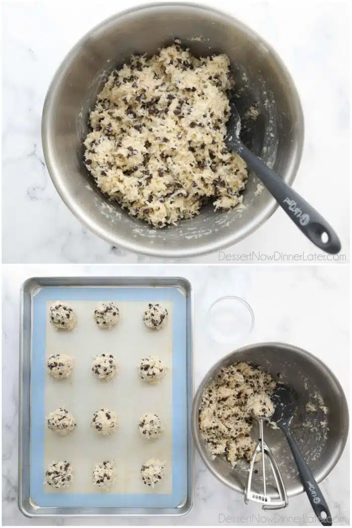 Chocolate Chip Macaroon batter being scooped onto a tray to bake.