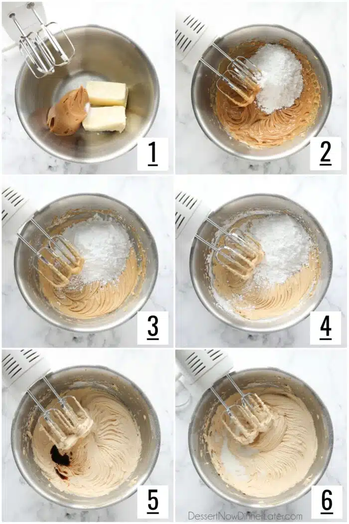 Steps to make peanut butter frosting with a bowl and an electric hand mixer.