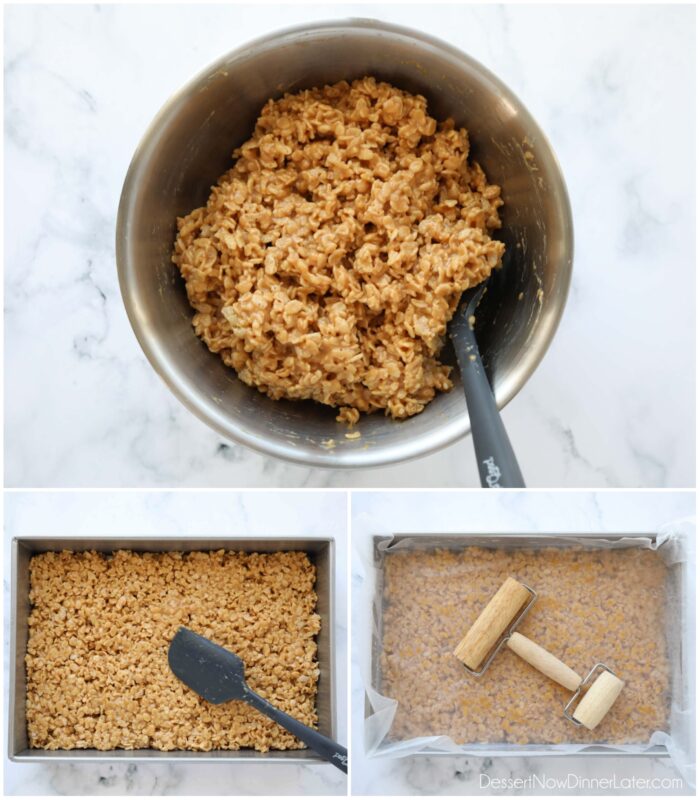 Crispy rice cereal coated with a peanut butter syrup being put in a pan and flattened with a spatula and mini rolling pin.