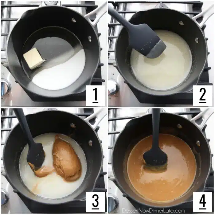 Steps to make peanut butter syrup for rice krispie treats.