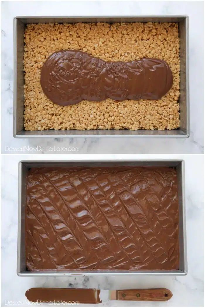 Melted chocolate poured over rice krispie treats, and then spread smooth with a spatula.