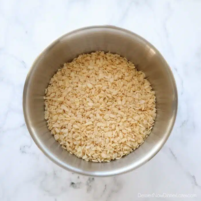 Bowl of crispy rice cereal.