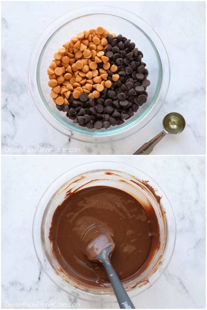 Two images. Top: Butterscotch and chocolate chips in a bowl next to a teaspoon of oil. Bottom: Melted ingredients stirred together.