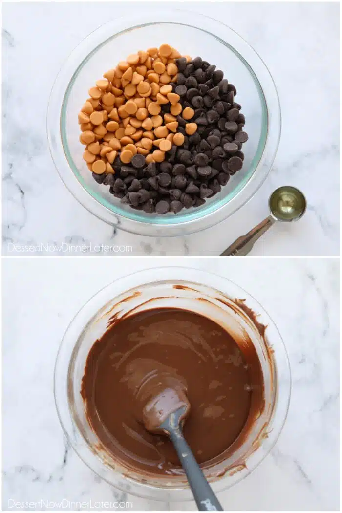 Two images. Top: Butterscotch and chocolate chips in a bowl next to a teaspoon of oil. Bottom: Melted ingredients stirred together.