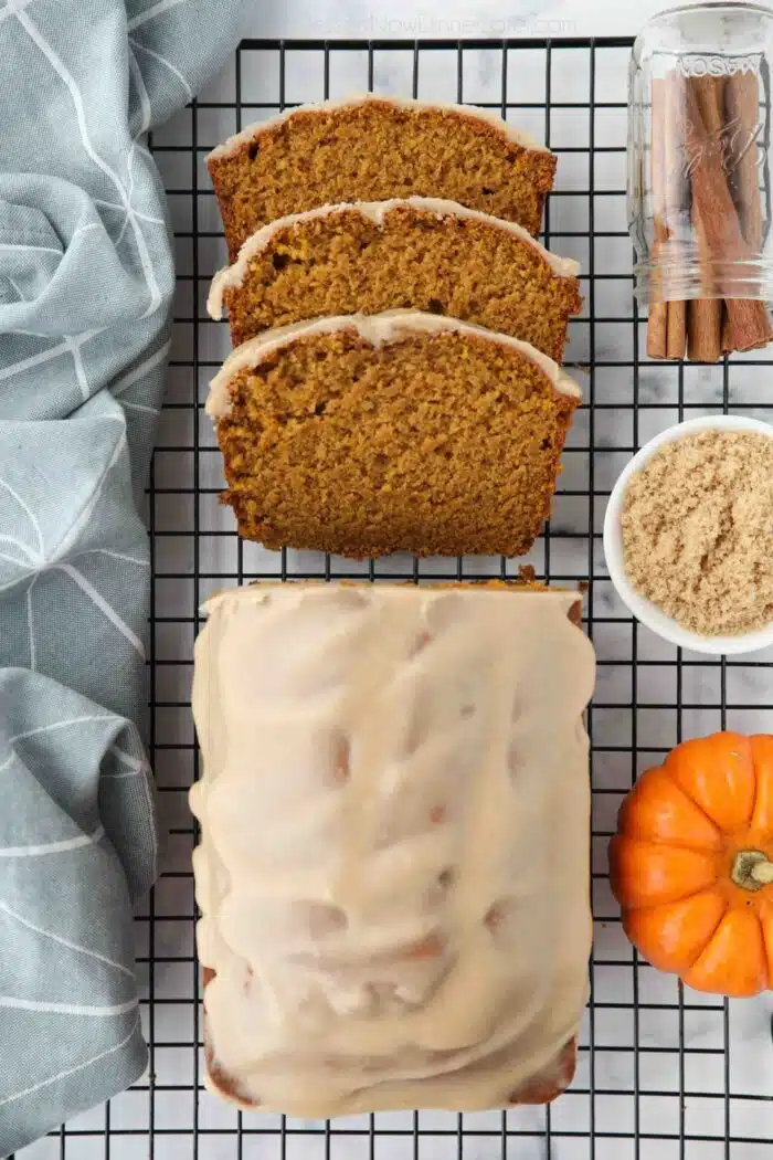 Pumpkin loaf with cinnamon brown sugar glaze on top.