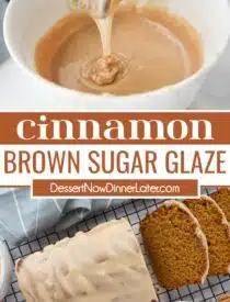 Pinterest collage of Cinnamon Brown Sugar Glaze with two images and text in the center.