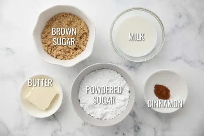 Labeled image of ingredients to make cinnamon brown sugar glaze.